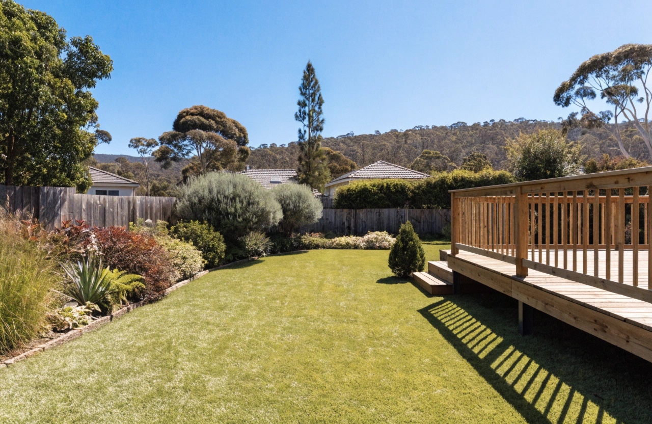 Modern Central Coast backyard featuring residential artificial grass and timber decking