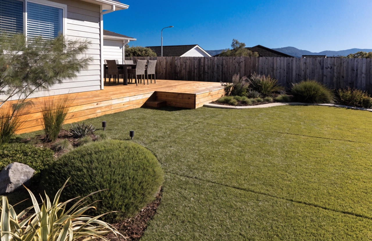 a-beautifully-landscaped-long-jetty-residential-ba Premium artificial grass installation in a Long Jetty residential backyard with timber deck and coastal garden