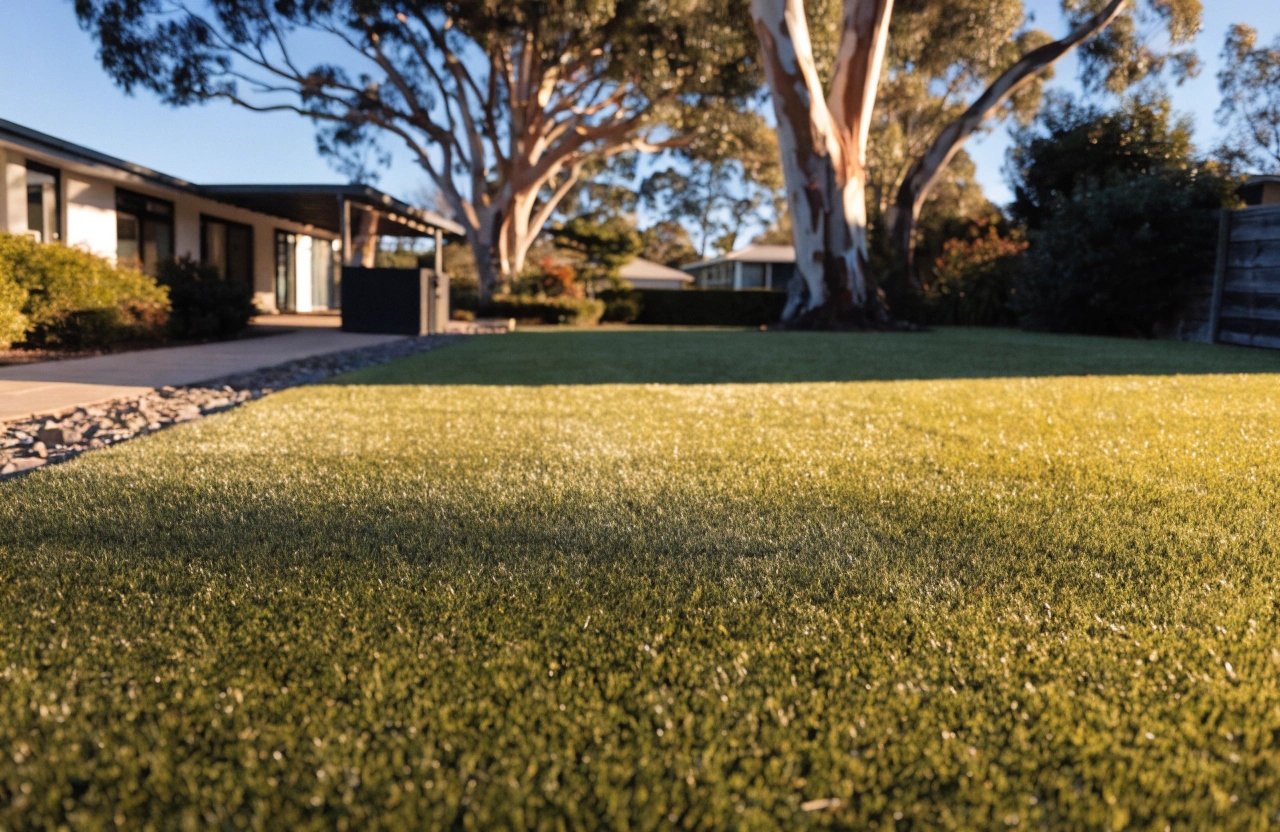 Freshly cleaned synthetic grass lawn in a modern Central Coast backyard