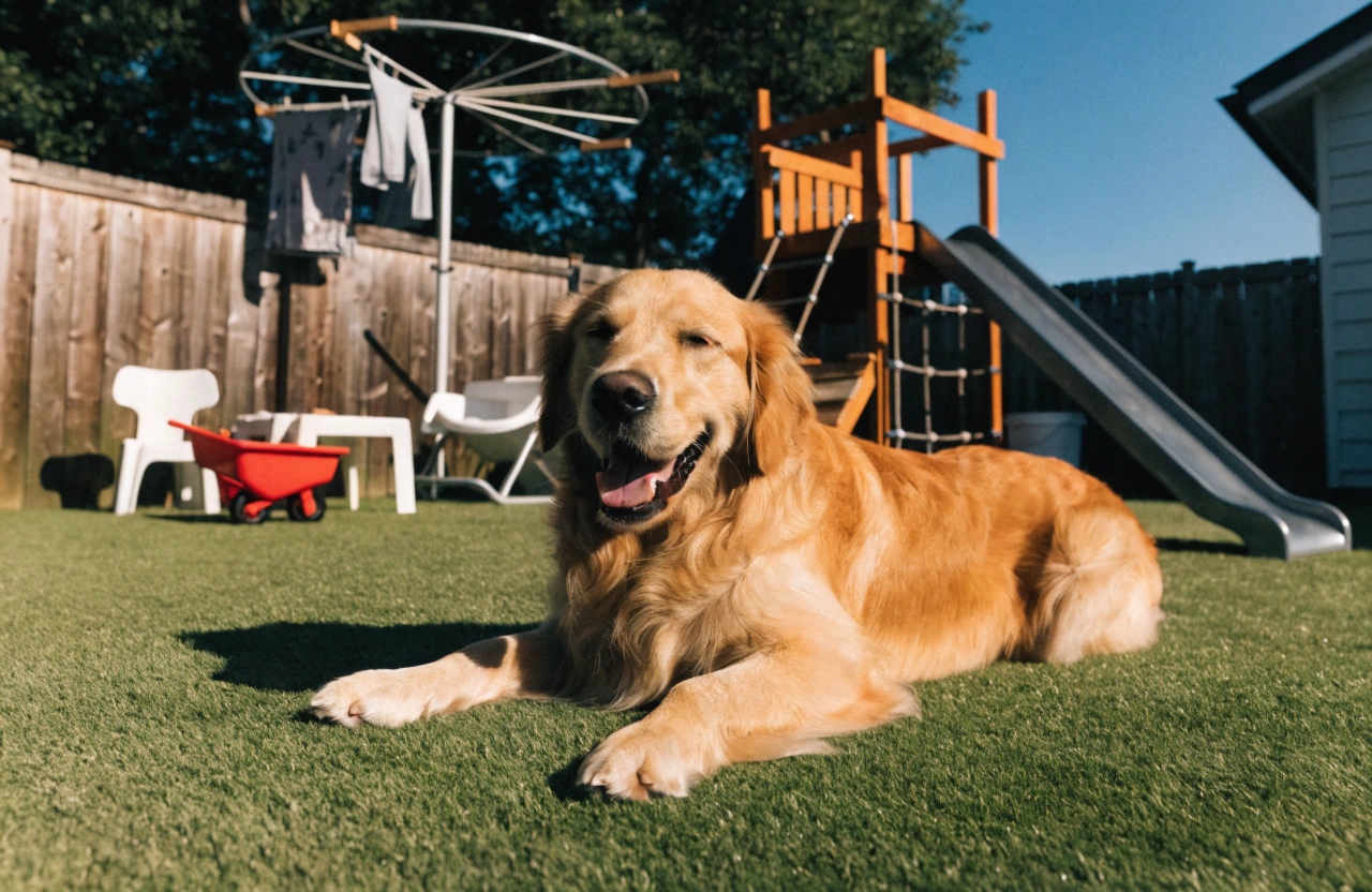 Family dog relaxing on pet-friendly artificial grass in a Central Coast backyard