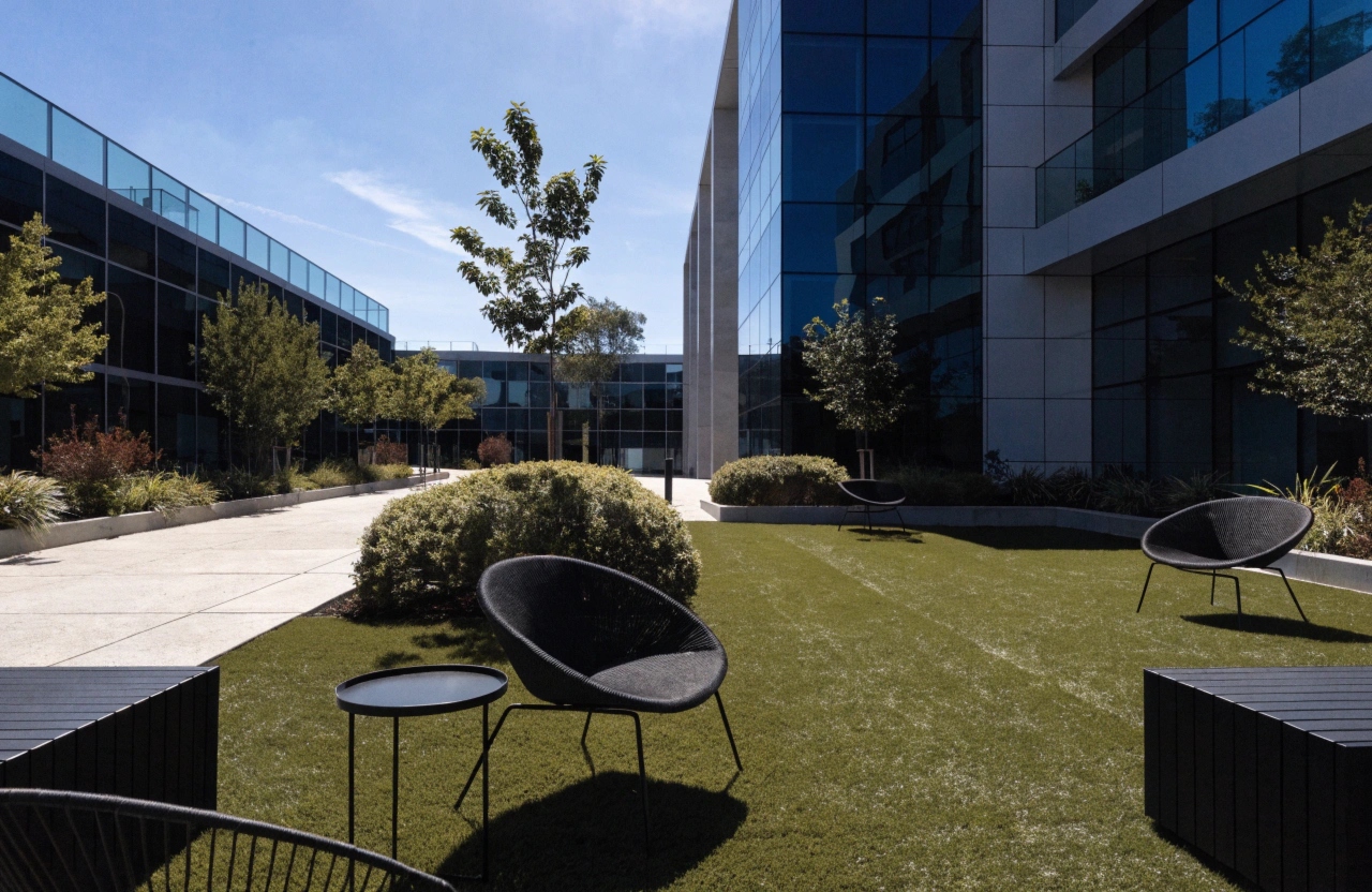 a-modern-australian-office-complex-courtyard-with- Commercial artificial grass installation in a Central Coast office complex courtyard