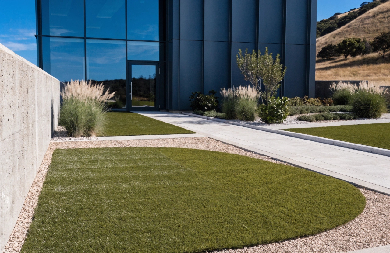 Commercial building entry with precision synthetic lawn installation on the Central Coast