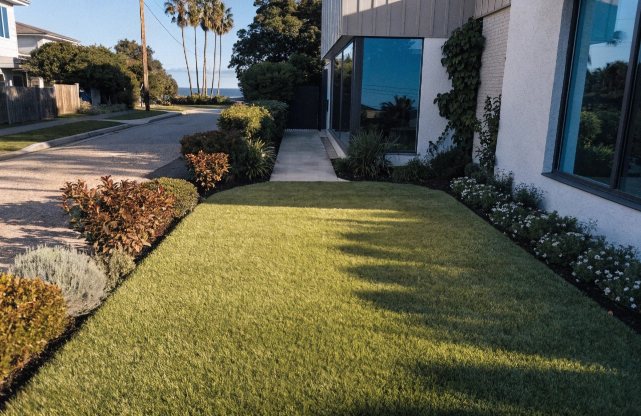 a-neat-front-yard-with-vibrant-artificial-turf-ins Artificial grass front yard installation at a modern home on the Central Coast NSW