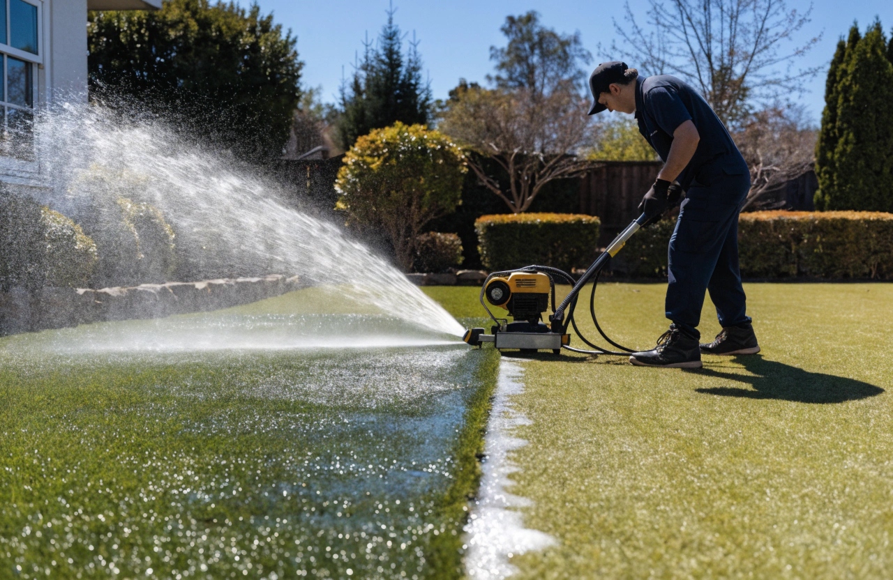 Professional synthetic grass cleaning in progress with water spray and equipment
