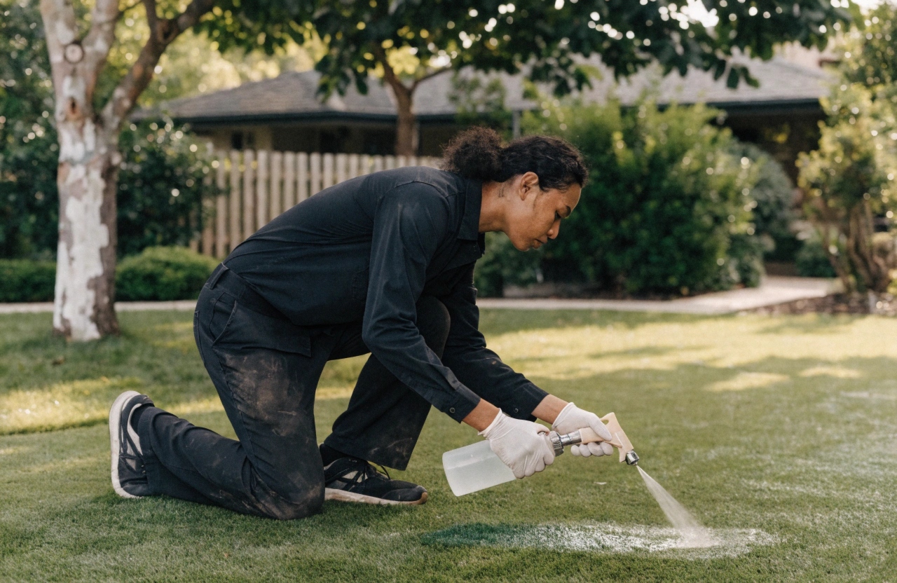 Professional applying cleaning treatment to synthetic grass in a residential backyard