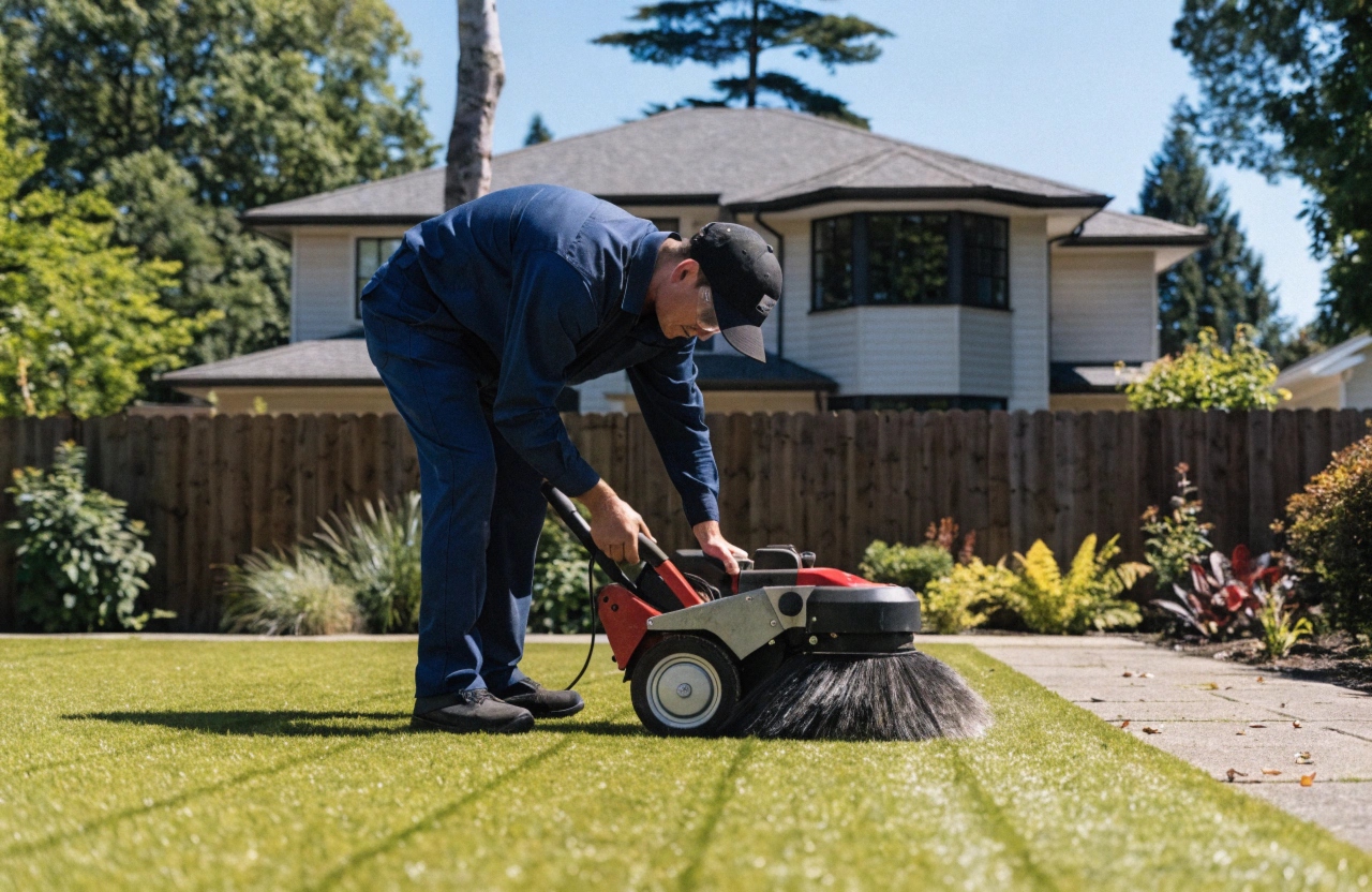 Professional cleaner brushing synthetic grass with mechanical equipment