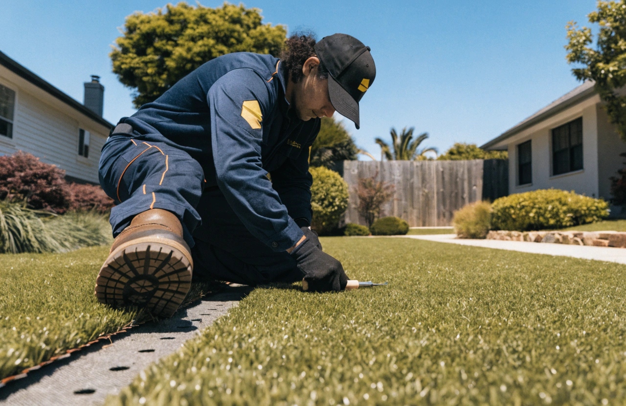 Turf maintenance technician inspecting and clearing drainage holes in a synthetic grass lawn at a Central Coast home