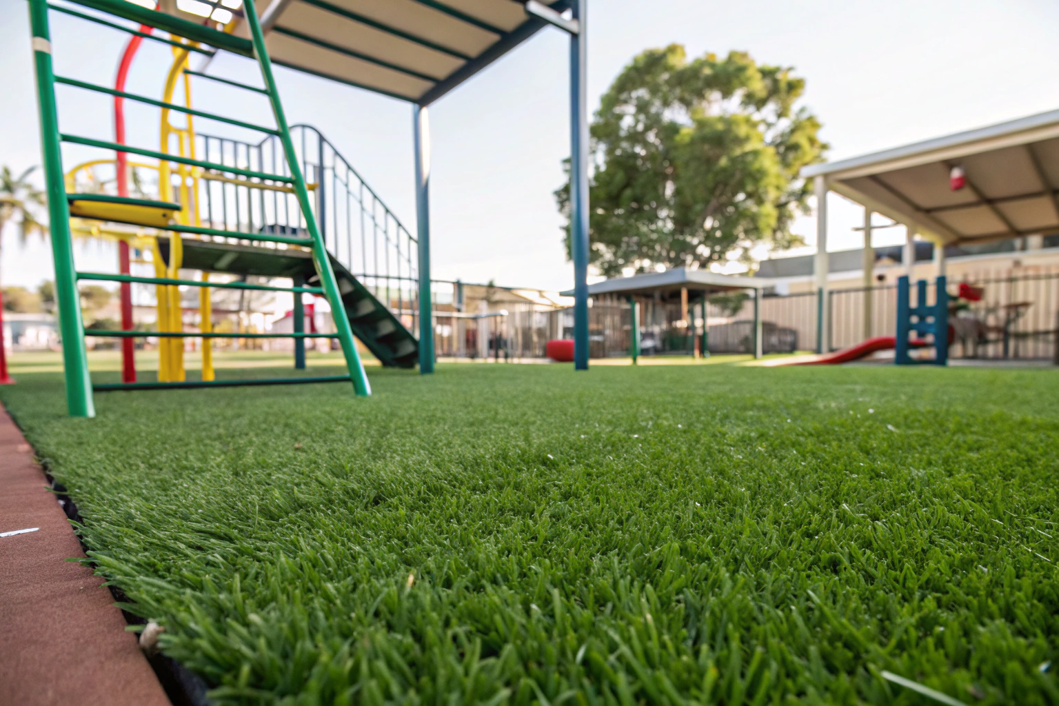 soft-fall-synthetic-grass-playground-central-coast Soft fall synthetic grass installed beneath playground climbing frame Central Coast