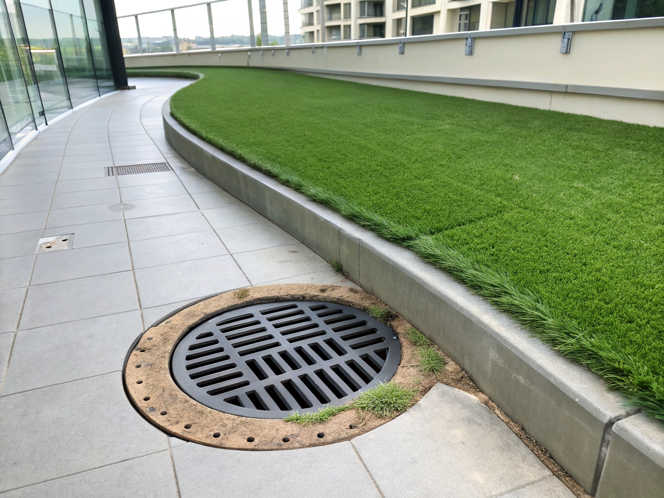 Synthetic grass professionally cut and fitted around balcony drain point