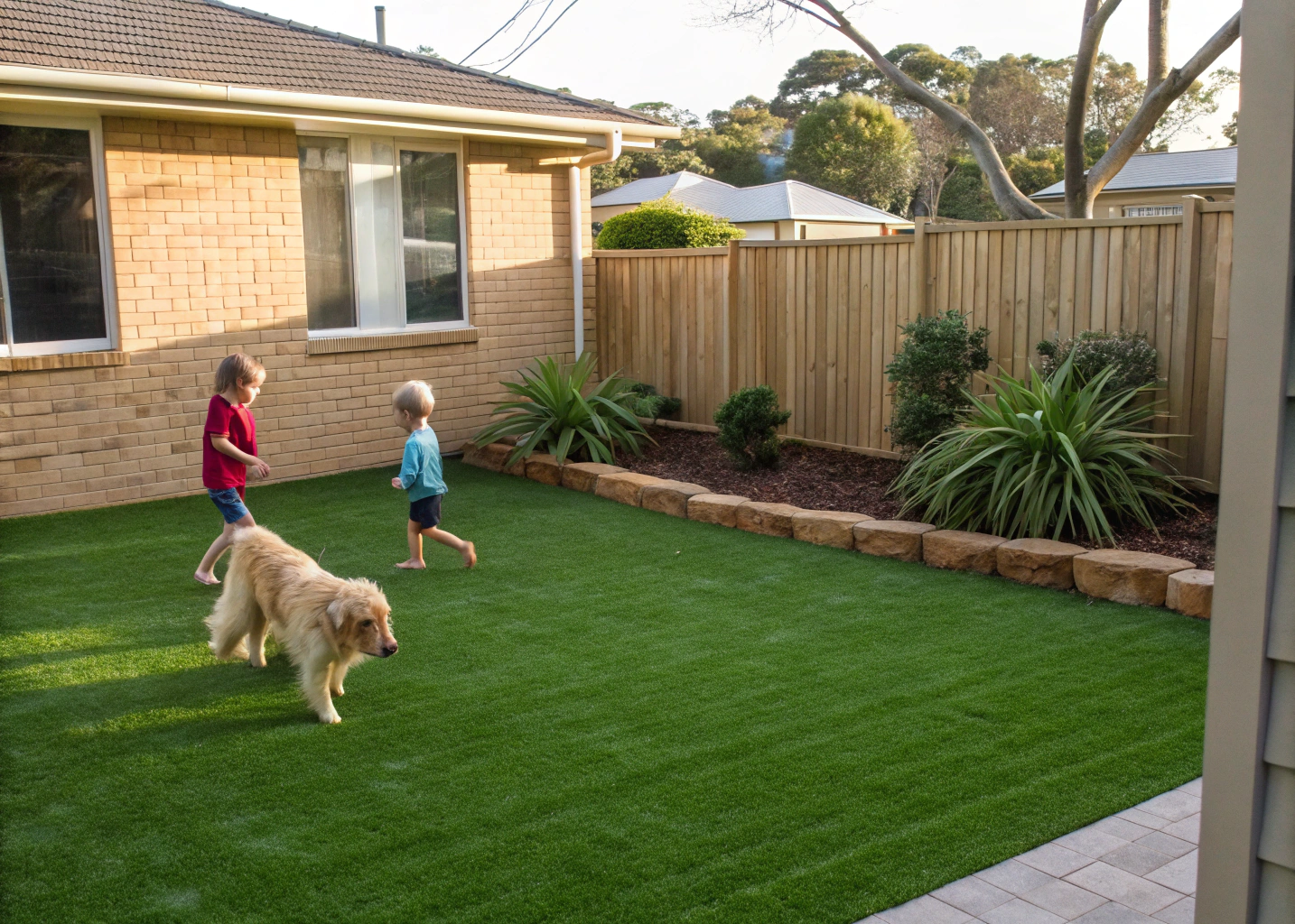 artificial-grass-killarney-vale-backyard Artificial grass installation in a Killarney Vale backyard with children playing
