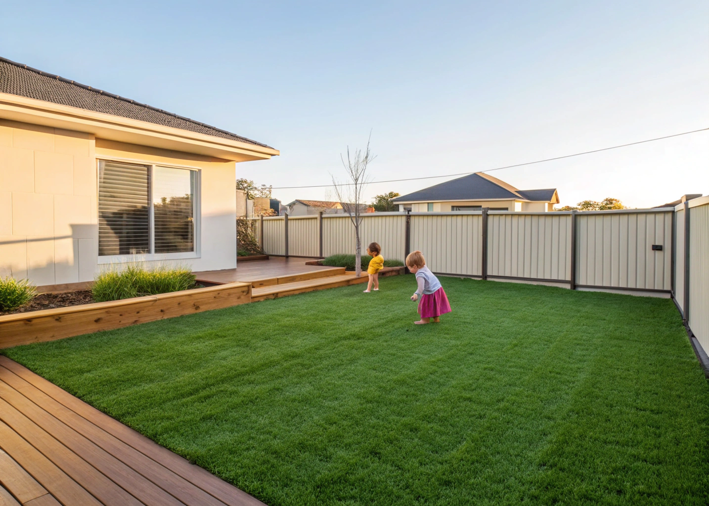synthetic-grass-blue-haven-backyard Freshly installed synthetic grass in a Blue Haven backyard with children playing